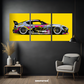Toyota Supra wall poster by Dripster showing a colorful racing car design split into three panels on a yellow background